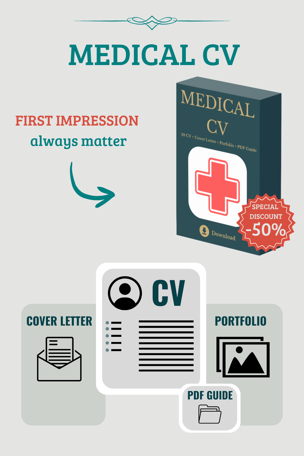Medical CV Pack – 10 Editable Resume Templates + Cover Letter + Portfolio + PDF Writing Guide  For Doctors, Nurses & Medical Students